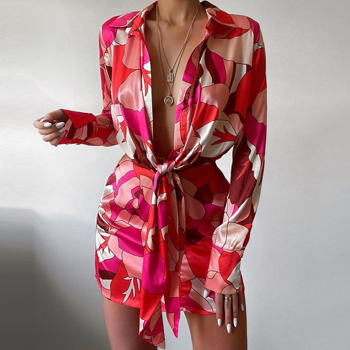 Color-Multi-Summer Sexy Women Wear Collared Print Long Sleeve Narrow Shirt Dress-Fancey Boutique
