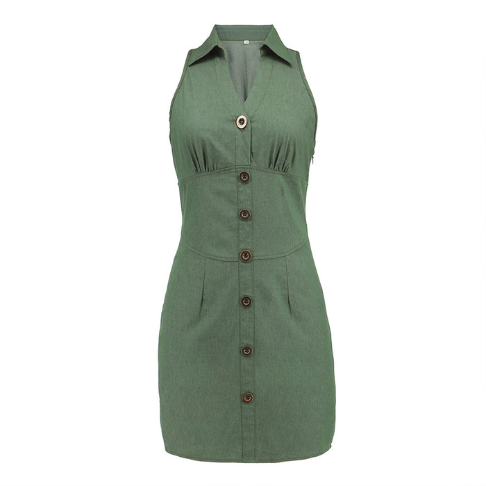 Color-Green-Spring Summer Women Sexy Sleeveless Denim Dress Casual Thin Dress-Fancey Boutique