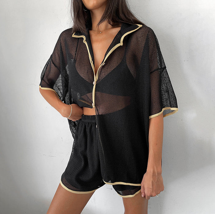 Summer Retro Classic Sexy Patchwork See through Short Sleeve Shorts Set Russia Women Wear Office Two Piece Set-Fancey Boutique