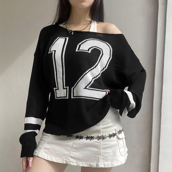 Street Cool Contrast Color Letter Graphic Woven off Shoulder Sweater Sexy Autumn Winter Loose All Matching Pullover Sweater-Fancey Boutique