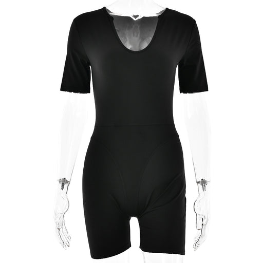Popular Sexy Tight Jumpsuit Spring Summer Short Sleeve V Neck Patchwork Bottoming Shirt Women-Black-Fancey Boutique