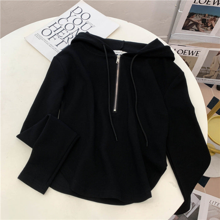 Thread Dralon Hooded Long Sleeve Coat T Shirt Women Autumn Winter Thickening Brushed Niche Short Top-Black-Fancey Boutique