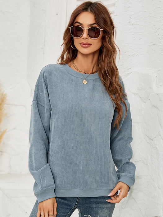 Color-Blue-Women Clothing Corduroy Sweater Women Casual round Neck Long Sleeve Top Autumn Winter-Fancey Boutique