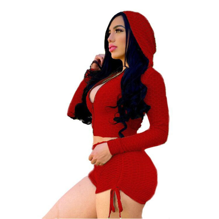 Color-Red-Women Clothing Waffle Seersucker Yoga Sports Long Sleeve Hoodie Two Piece Set-Fancey Boutique