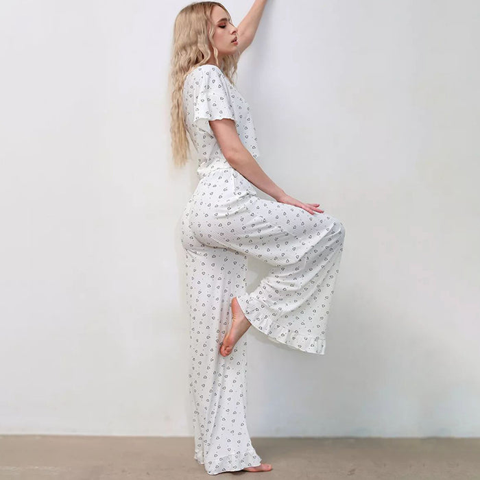 Summer Heart Printing Round Neck Short Sleeve Trousers Shorts Pajamas Three Piece Set Women Loose Comfortable Homewear-Fancey Boutique