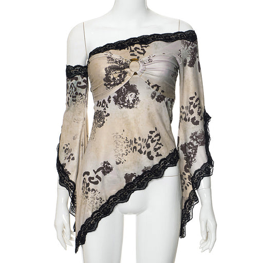 Color-Multi-Retro Asymmetric Lace Design off Shoulder Buckle Top Women Clothing Spring-Fancey Boutique