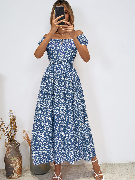 Color-Blue-Elegant Dress Women Fresh Sweet with Floral Split Dress-Fancey Boutique