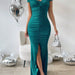 Color-blackish green-Sexy Elegant off Shoulder Slim Fit Slimming Slit Hemline at Hem Sheath Dress-Fancey Boutique