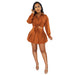 Color-Orange-Women Clothing Spring Autumn Solid Color Shirt Pleated Skirt Set Sexy Lace-up-Fancey Boutique