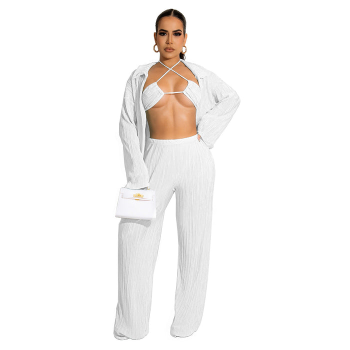 Color-White-Autumn Bikini Cardigan Wide Leg Pants Three-Piece Set-Fancey Boutique