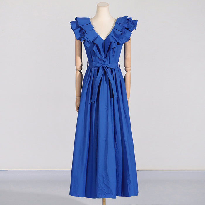 French Vintage Court Summer Large Ruffled Stitching Neckline High Waist Maxi Dress-Blue-Fancey Boutique