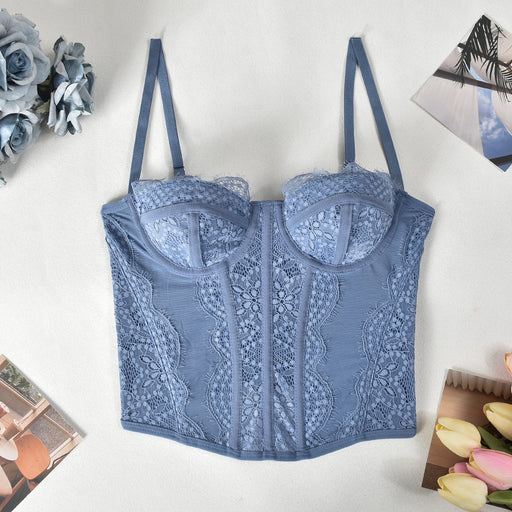 Color-Pale blue-Popular Lace Plastic Bones Body Shaping Sexy Tube Top Strappy Hollow Out Cutout Backless See through Spaghetti Straps Outerwear-Fancey Boutique