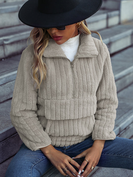 Color-Deep Beige-Autumn Winter Women Wear Collared Long Sleeve Pullover Half Zipper Sunken Stripe Plush Casual Sweatshirt-Fancey Boutique