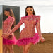 Color-Pink-Turtleneck Long Sleeve Sexy Diamond Inlaid Short Women Dress Hem With Pink Feather-Fancey Boutique