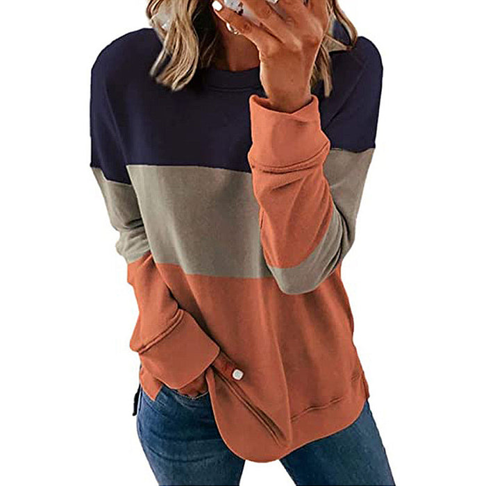 Color-Dark Blue and Orange-Autumn Winter Women Clothing Printing Color Contrast Patchwork Round Neck Long Sleeve Sweater-Fancey Boutique