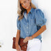 Color-Blue-Princess Sleeves Collared Thin Denim Shirt Casual Top Trendy Women-Fancey Boutique