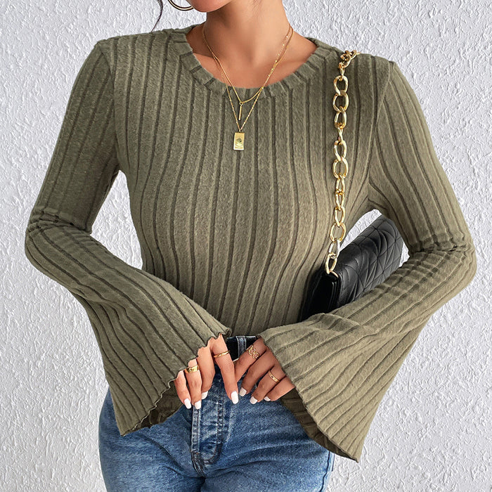 Color-Olive Green-Autumn Short Slim Fit Flared Sleeves round Neck Simple Knitwear Top Women-Fancey Boutique