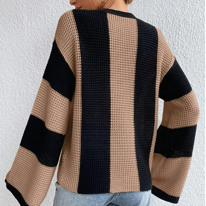 Autumn Winter Western Knitted Sweater Top Round Neck Striped Niche Sweater Coat Women-Fancey Boutique