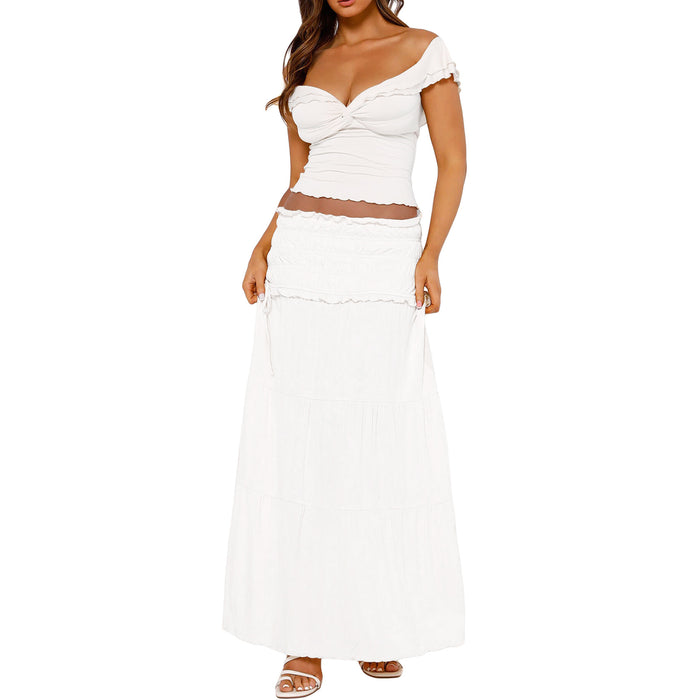 Women Sexy Elegant Skirt Maxi Dress Two Piece Set Top off Shoulder-White-Fancey Boutique