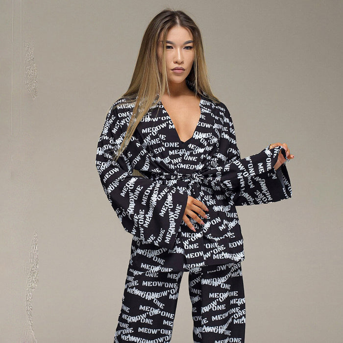 Color-Black-Summer Printed Artificial Silk Casual Breathable Loose Comfortable Pajamas Ladies Homewear Outer Wear-Fancey Boutique