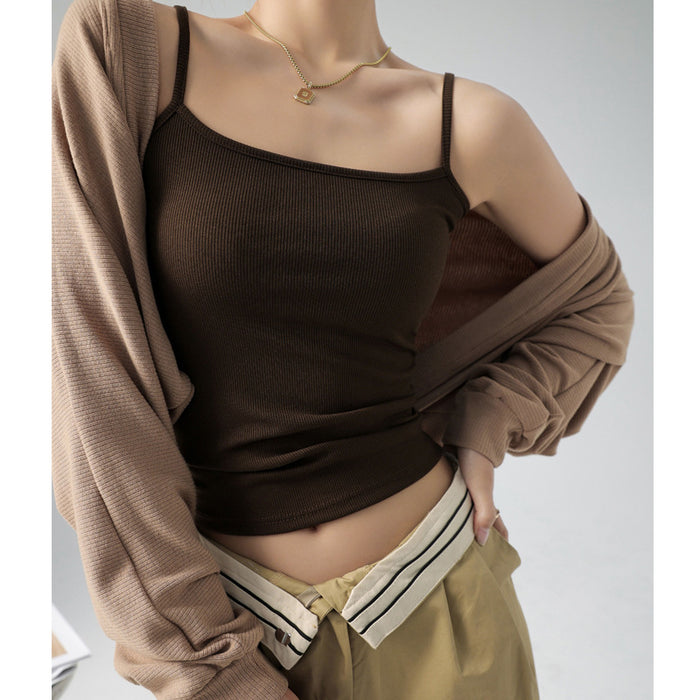 Color-Brown-Best Seller on Douyin Base Tank Top Small Slip Top Women Suit Inner Cover Supernumerary Breast Thread Spring, Autumn Summer Can Be Outerwear Top-Fancey Boutique