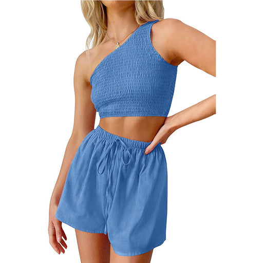 Color-Blue-Women One Shoulder Pleated Cropped Top Shorts Beach Two Piece Suit-Fancey Boutique