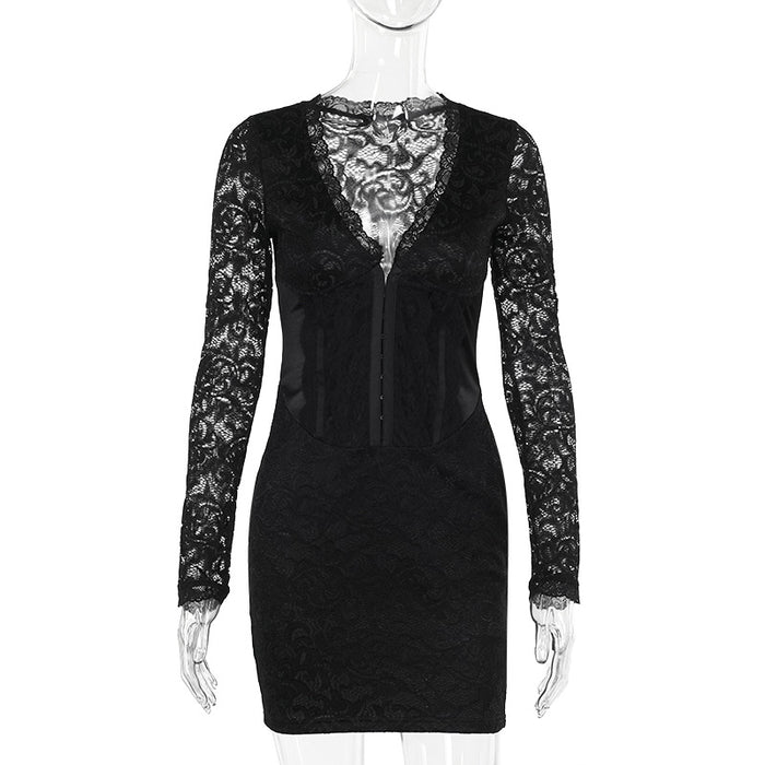 Autumn Elegant Sexy Long Sleeve Narrow Lace Mini Dress Women-Black-Fancey Boutique