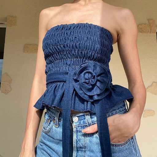 Summer Sexy Retro Denim Blue Floral Decorative Pleated Short Tube Top-Fancey Boutique