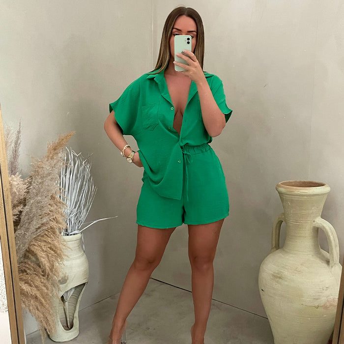 Color-Green2-Latin Casual Suit Solid Color Classic Single Breasted Sleeve Shirt Elastic Waist Shorts Two Piece Set-Fancey Boutique