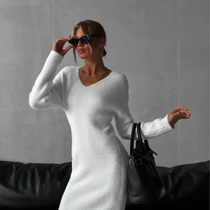 Imitation Marten Knitted Long Dress Women Chic High Quality Solid Color Thickened V Neck Sweater Dress-Fancey Boutique