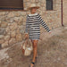 Color-Long Sleeve Hollow Out Cutout out Knitted Dress Autumn Winter Sexy Slimming round Neck Striped Contrast Color Dress-Fancey Boutique