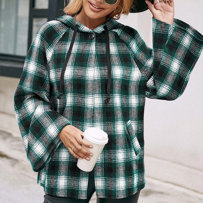 Color-blackish green-Casual Hooded Checked Shirt Loose Plaid Trench Coat Coat Top Women Outerwear-Fancey Boutique