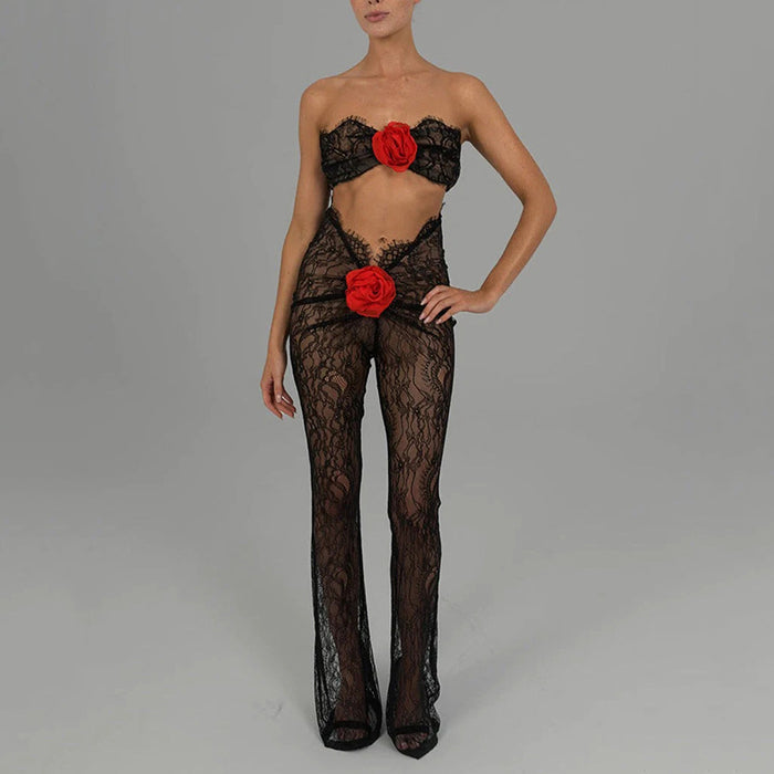 Color-Black-Autumn Lace See through Sexy Temptation Tube Top Jumpsuit Women Sexy Tight Floral Trousers-Fancey Boutique