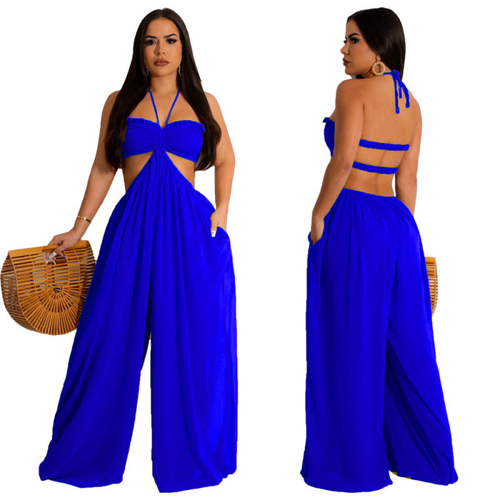 Color-Blue-Women Clothing Spring Summer Solid Color Sexy Loose Backless Jumpsuit-Fancey Boutique