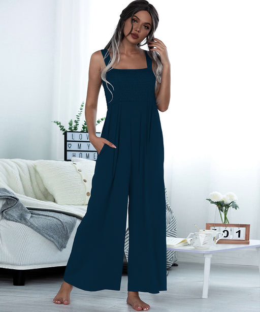 Color-Dark Blue-Summer Women Clothing Smocking Vest Sling Wide Leg Jumpsuit Women-Fancey Boutique