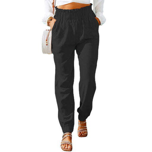 Color-Black-Women Clothing Spring Ruffled Elastic Waist High Waisted Trousers-Fancey Boutique