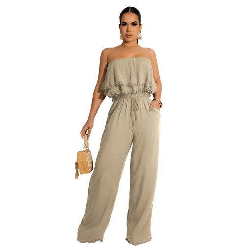 Color-Khaki-Women Clothing Solid Color Sleeveless Casual Wrapped Chest Ruffled Jumpsuit-Fancey Boutique