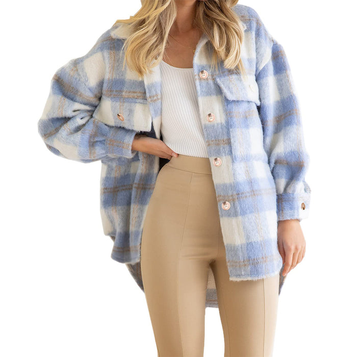 Color-Light Blue-Autumn Winter Women Plaid Mohair Coat Woolen Thick Coat-Fancey Boutique