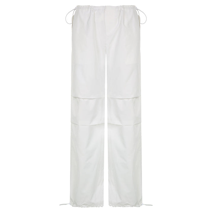 Color-White-Street Trendy Unique Elastic Waist Pig Nose Button Ankle Tied Loose Version Casual Working Pants-Fancey Boutique