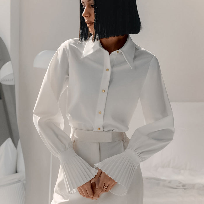 Autumn Design Bell Sleeve White Slim Fit Office Collared Shirt All Matching Simple Shirt Women Clothing-Fancey Boutique