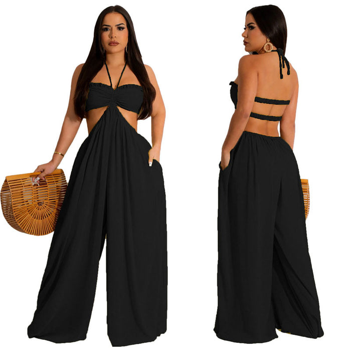 Color-Black-Women Clothing Spring Summer Solid Color Sexy Loose Backless Jumpsuit-Fancey Boutique