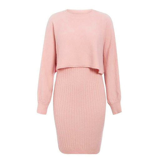 Color-Pink-Sexy Knitted Dress Two Piece Set Autumn Winter Solid Color Long Sleeve Sweater Women-Fancey Boutique