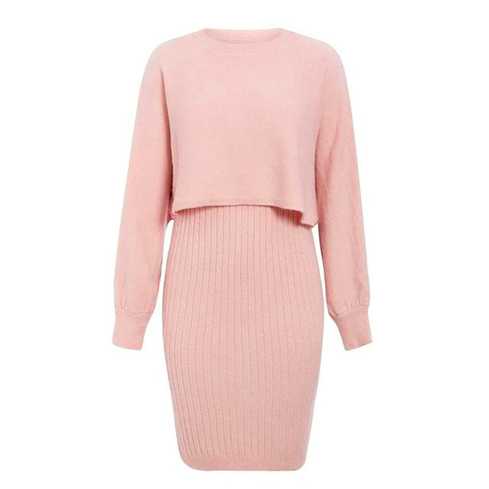 Color-Pink-Sexy Knitted Dress Two Piece Set Autumn Winter Solid Color Long Sleeve Sweater Women-Fancey Boutique