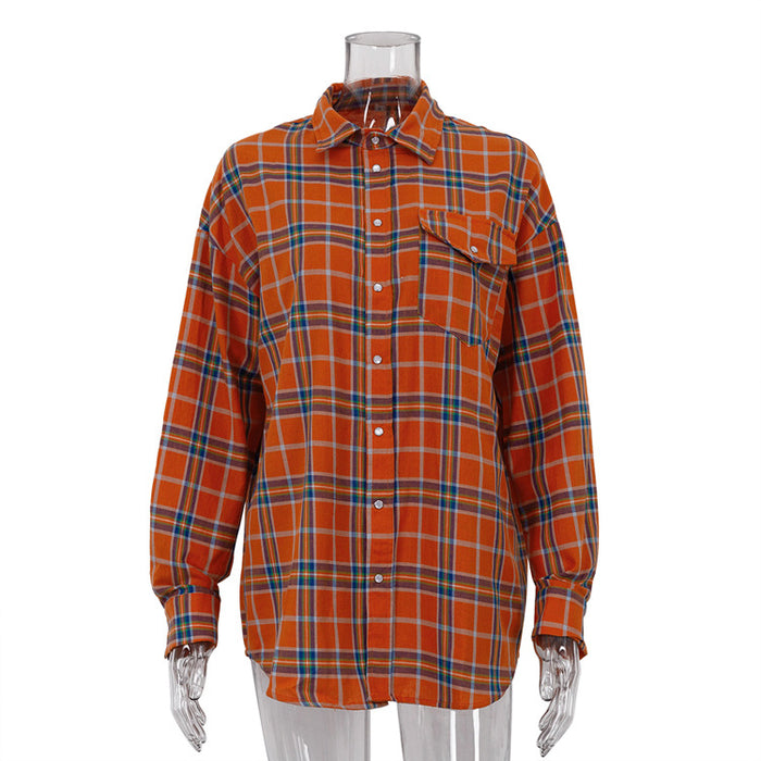 Color-Orange-Fall Women Clothing College Orange Plaid Shirt Women Loose Pockets Collared Long Sleeve Shirt-Fancey Boutique