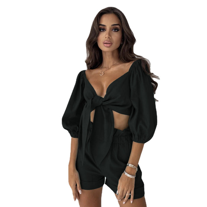 Solid Color Women Wear Lantern Half Sleeve Cardigan Wide Leg Pocket Shorts Casual Suit-Fancey Boutique