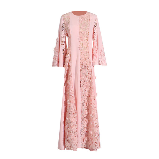 French Socialite Gathering Dress Summer Round Neck Lace Embroidery Hollow Out Cutout Out Solid Color Maxi Dress Women-Pink-Fancey Boutique