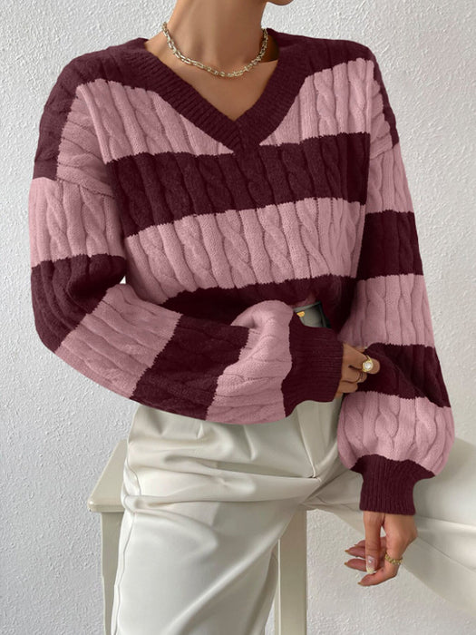 Autumn Winter Lazy Knitwear Loose Women V Neck Retro Contrast Color Striped Sweater-Purple-Fancey Boutique