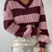 Autumn Winter Lazy Knitwear Loose Women V Neck Retro Contrast Color Striped Sweater-Purple-Fancey Boutique