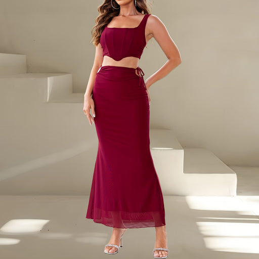 Color-Burgundy-Casual Solid Color Suit Elegant Sexy Vest High Waist Skirt Two Piece Set-Fancey Boutique