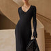 Color-Black-Autumn Winter Knitted Dress Casual Waist Tight V Neck Big Pit Stripe Slimming Knitted Maxi Dress Women-Fancey Boutique